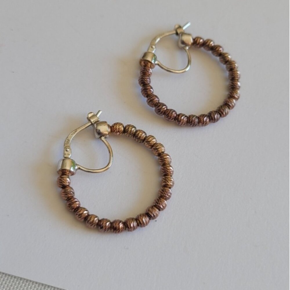 Vintage Sterling Silver Dazzling Bronze Boho Western Beaded Round Hoop Earrings